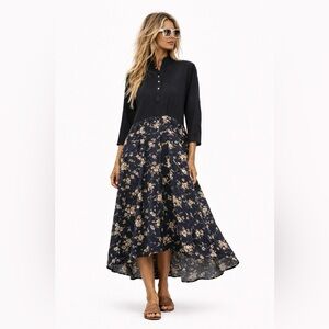 All Natural Boho High Low Floral Black Midi Dress L, Organic Cotton & Viscose